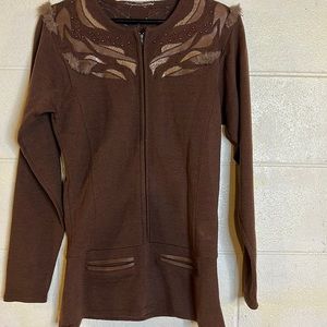 Dark Brown two piece knit top & skirt set with leather & alligator trim.